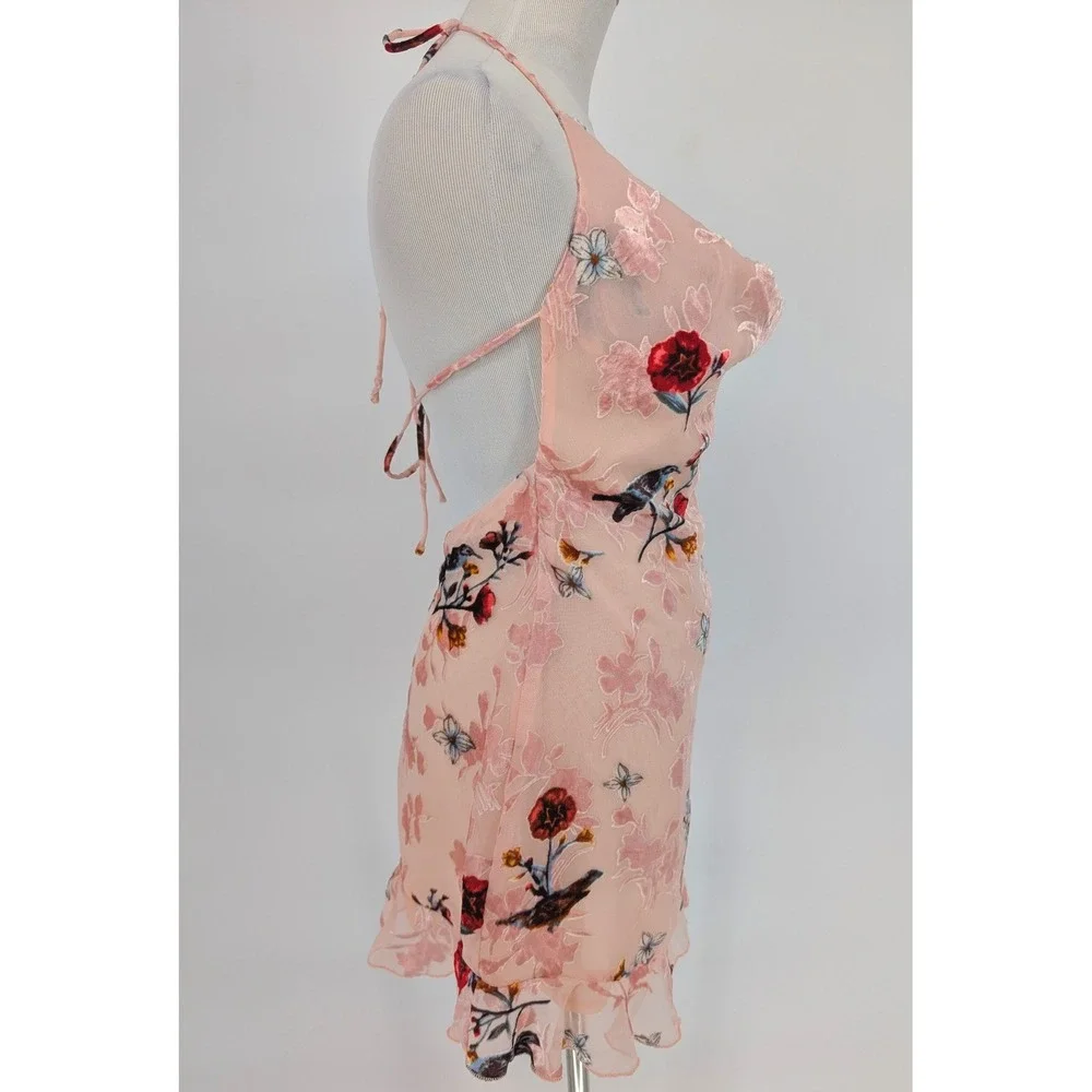 Beginning Boutique Floral Burnt Out Velvet Mini Dress 6 Pink Coquette Fairycore‎